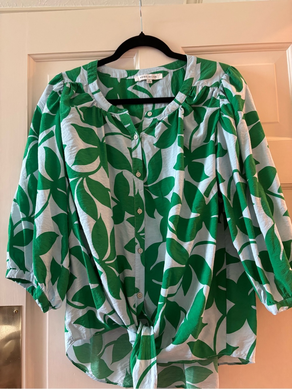 Rose & Olive Green Leaf Button-Front Tie Hem Blouse